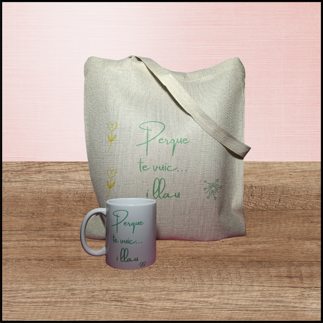 Pack con taza y bolsa tote.