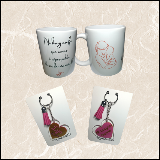 Pack ideal para nacimiento. Personalizado. Taza y llavero. mujeres. Regalos DD