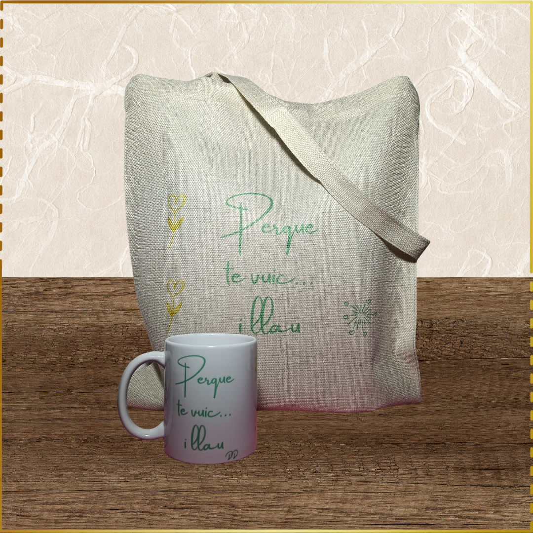 Pack regalo con taza y bolsa tote personalizado. Regalos DD