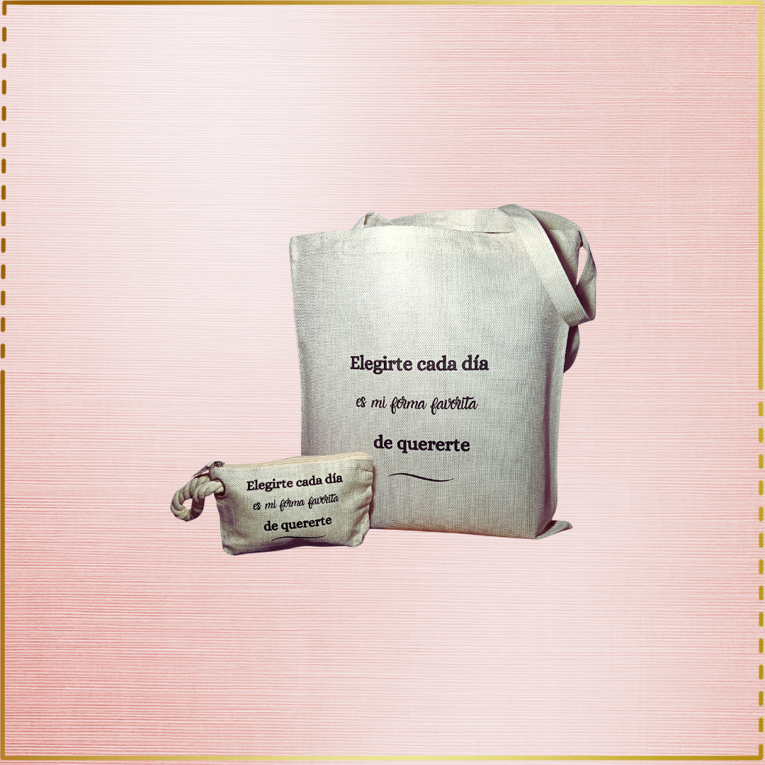 Pack de tote bag y neceser personalizados en color crudo con frase especial en negro